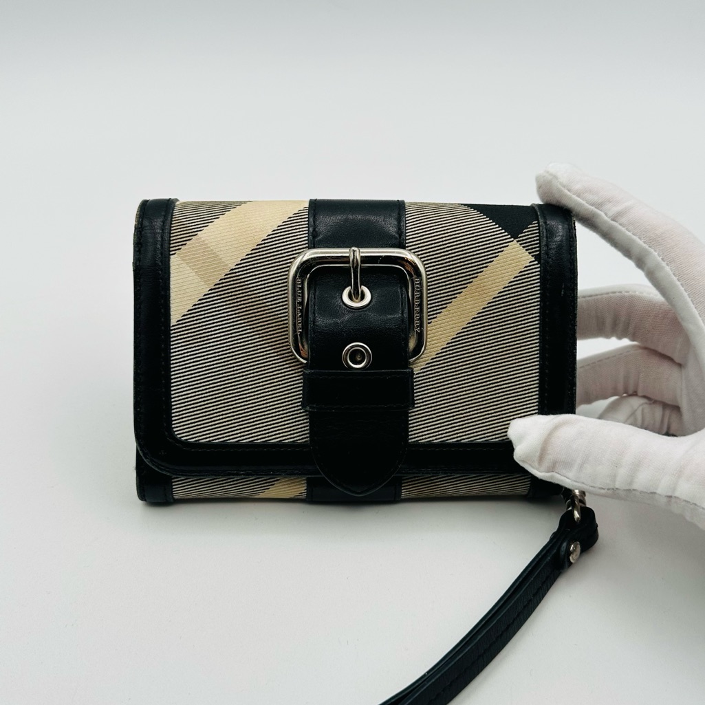 Burberry Black And Beige Check Wristlet Wallet